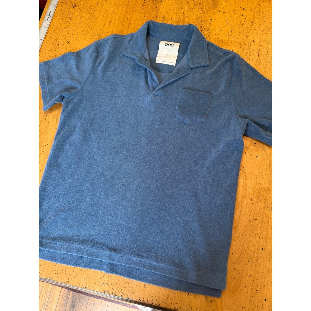 OAS Coronet Polo Size L Blue Terry Cloth Short Sleeve Camp Collar Shirt 7003-113
